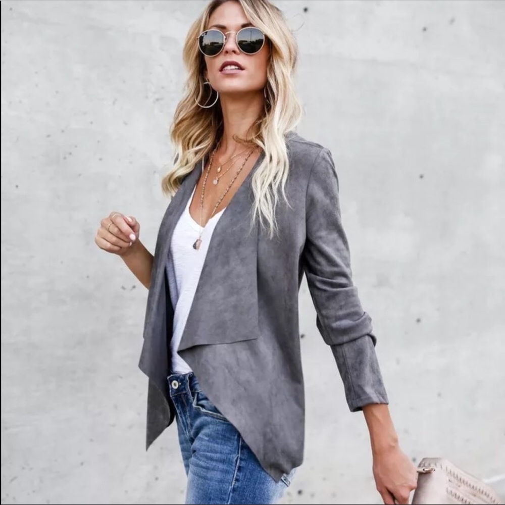 RESTOCKING SOON! Faux Suede Grey Open Cardigan - Picture 5 of 8